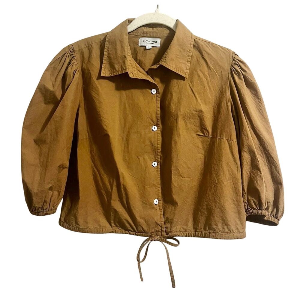 Olivia James The Label Margot Cropped Shirt Womens S Brown w/Balloon 3/4 Sleeves